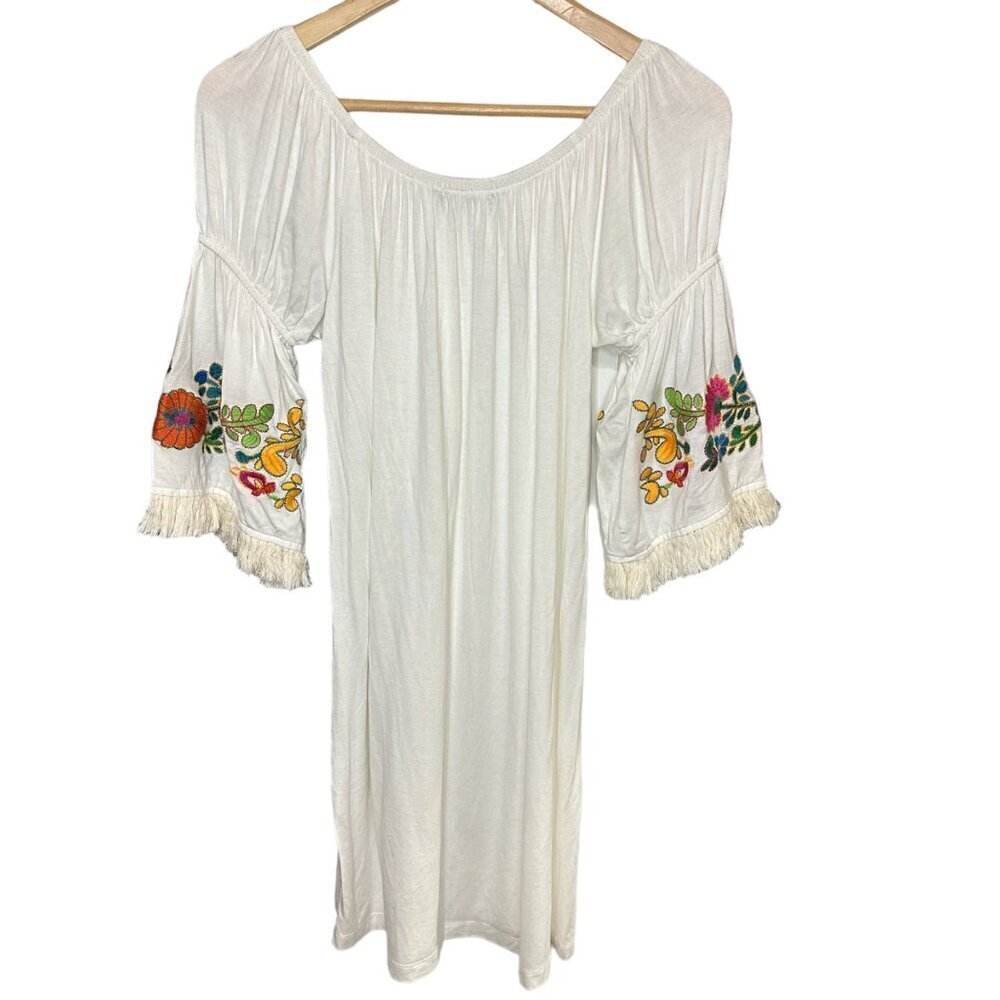 Origami By Vivien‎ Dress White Floral Embroidered Bell Sleeve Boho Size M